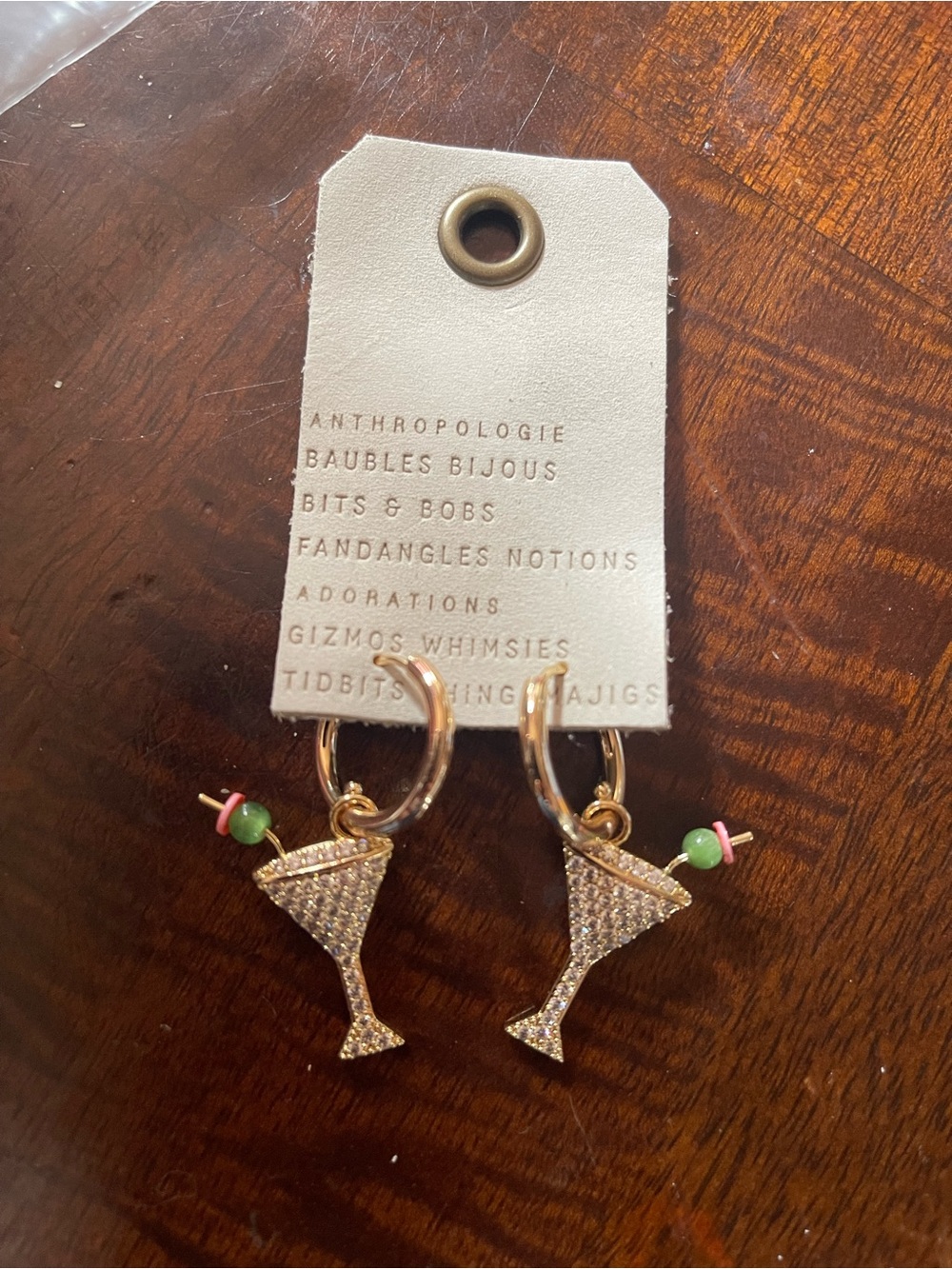 Anthropologie Gold Martini Hoop Earrings with Green Bead